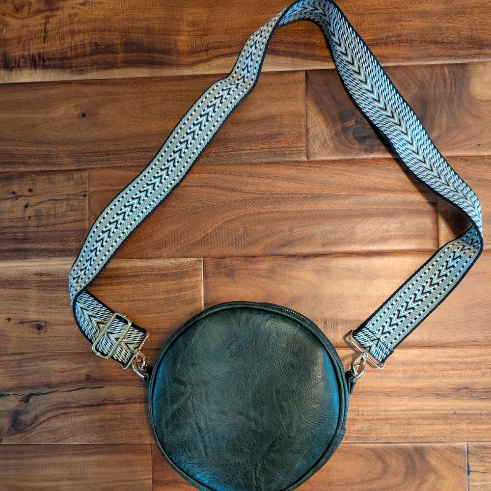 Round Crossbody Bag with Patterned Strap